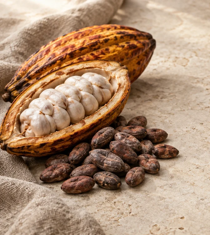 Illustration de fèves de cacao et d’une cabosse ouverte