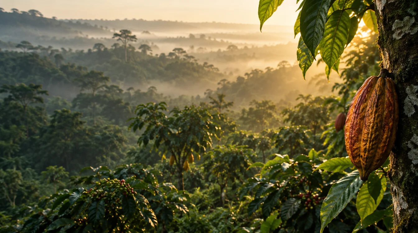 Illustration d’une plantation tropicale de cacao dans la brume du matin