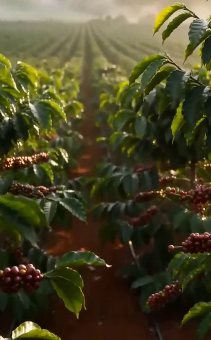 Caféiers et cerises de café dans une plantation, extrait de la vidéo fournie